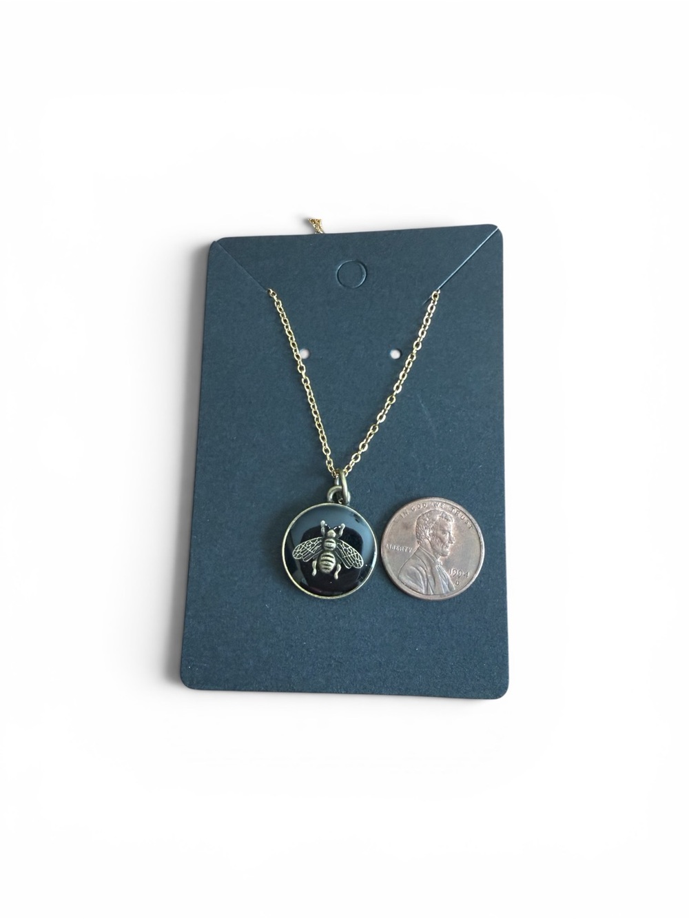 Upcycled GG Navy and Gold Bee Pendant Necklace - Elegant Women's Jewelry - Picture 5 of 5
